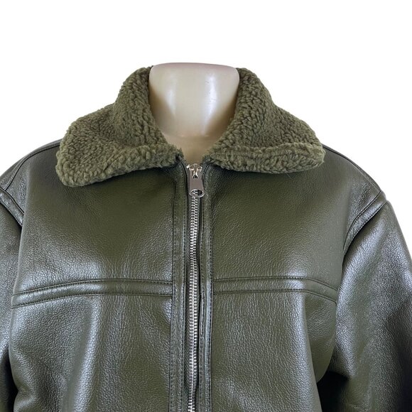 New Look Women's Olive Faux Leather Sherpa-Lined Jacket Warm Size L - New - Picture 5 of 9